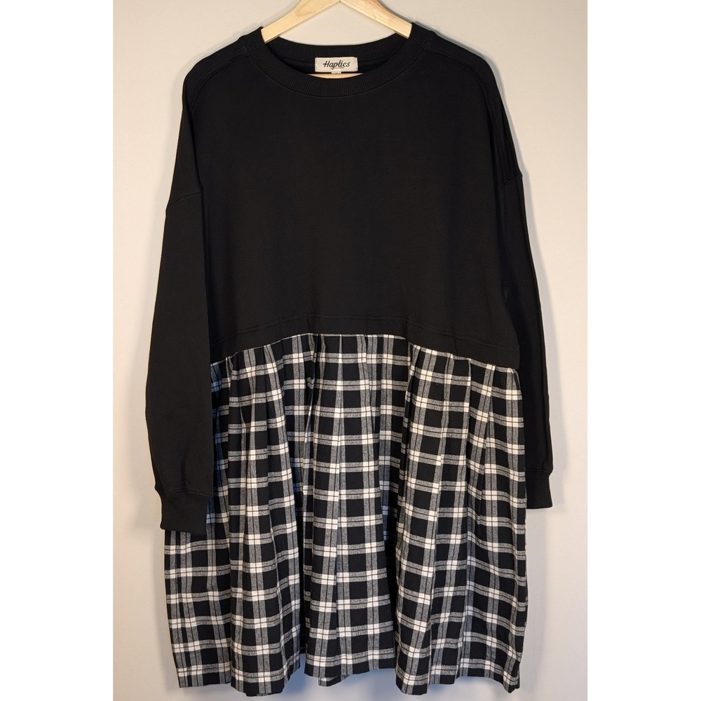 Haptics Holly Harper Black Plaid Mixed Media Sweatshirt Mini Dress Size Medium